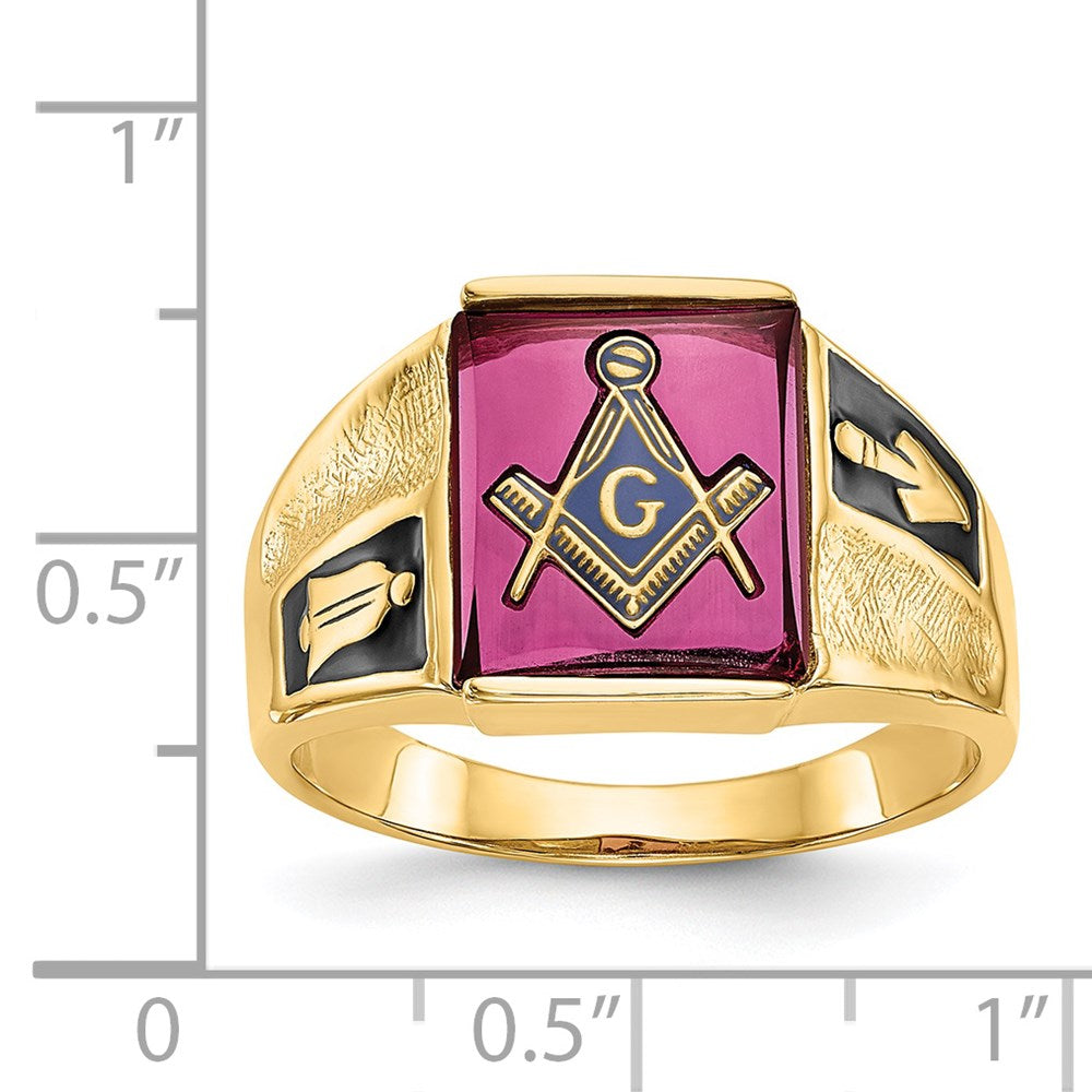 10k Men's Polished and Textured with Black Enamel and Lab Created Ruby Masonic Ring