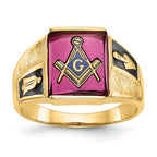 10k Men's Polished and Textured with Black Enamel and Lab Created Ruby Masonic Ring