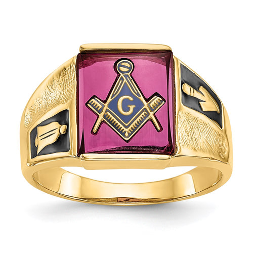 10k Men's Polished and Textured with Black Enamel and Lab Created Ruby Masonic Ring