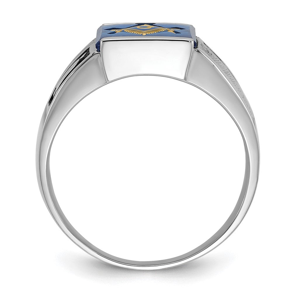 IB Goodman 14k White Gold Mens Polished and Textured Black Enamel Imitation Blue Spinel Masonic Ring