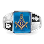 IB Goodman 14k White Gold Mens Polished and Textured Black Enamel Imitation Blue Spinel Masonic Ring