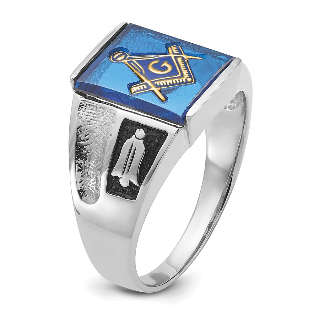 IB Goodman 14k White Gold Mens Polished and Textured Black Enamel Imitation Blue Spinel Masonic Ring