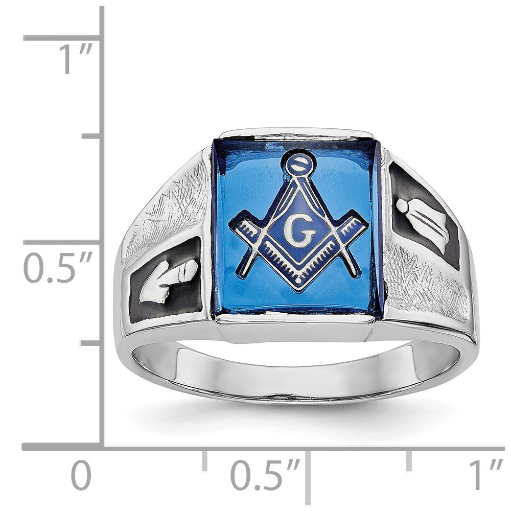 IB Goodman 14k White Gold Mens Polished and Textured Black Enamel Imitation Blue Spinel Masonic Ring
