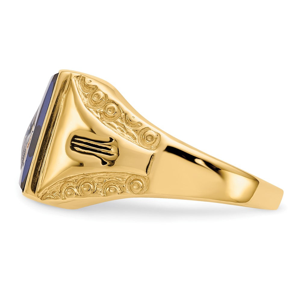 IB Goodman 14k Mens Polished Antiqued and Textured with Imitation Blue Spinel Masonic Ring