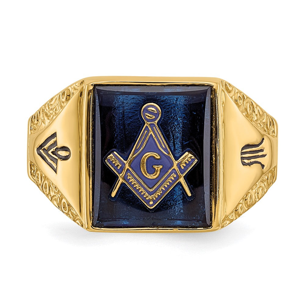 IB Goodman 14k Mens Polished Antiqued and Textured with Imitation Blue Spinel Masonic Ring