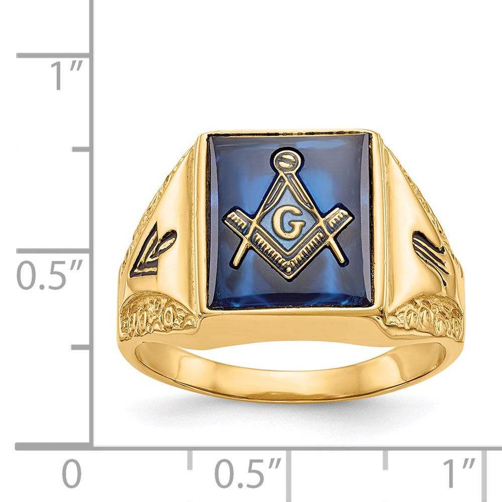 IB Goodman 14k Mens Polished Antiqued and Textured with Imitation Blue Spinel Masonic Ring