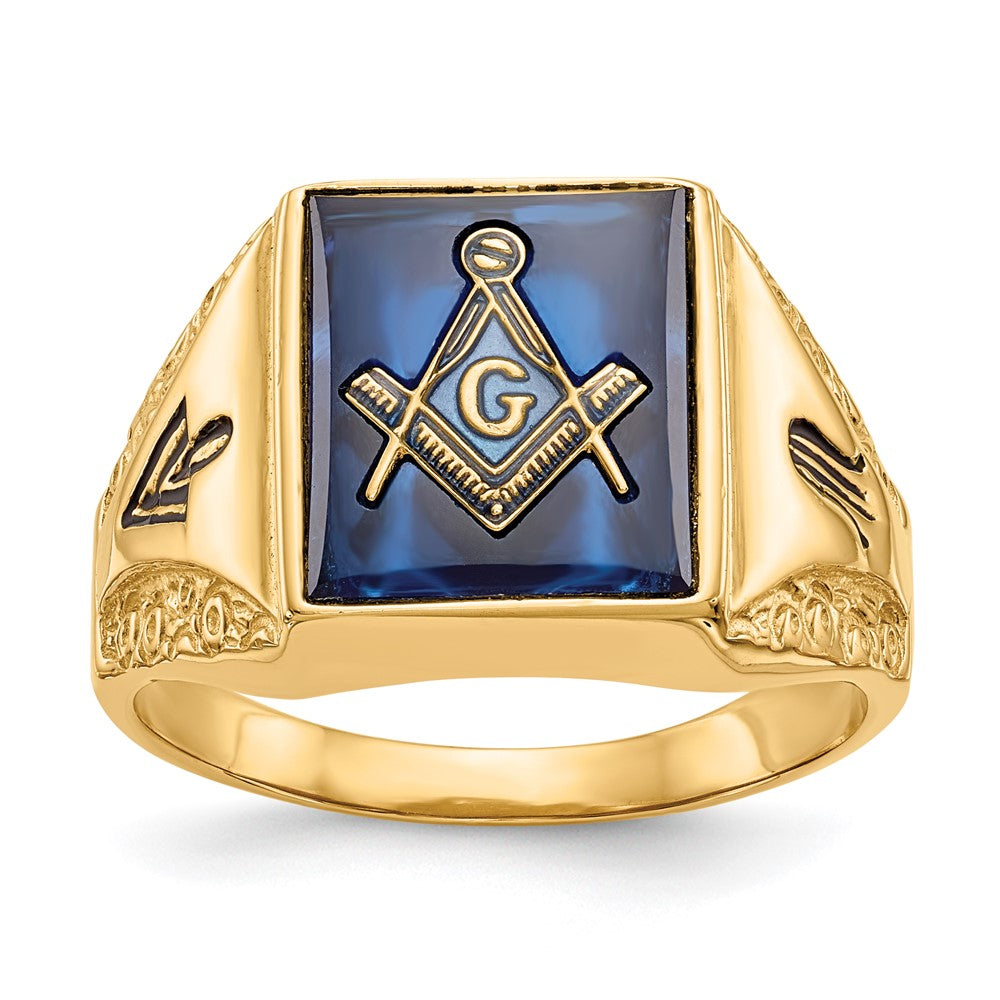 IB Goodman 14k Mens Polished Antiqued and Textured with Imitation Blue Spinel Masonic Ring