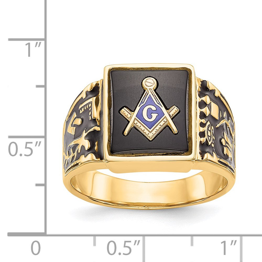 IB Goodman 14k Mens Polished and Textured with Black Enamel and Onyx Masonic Ring