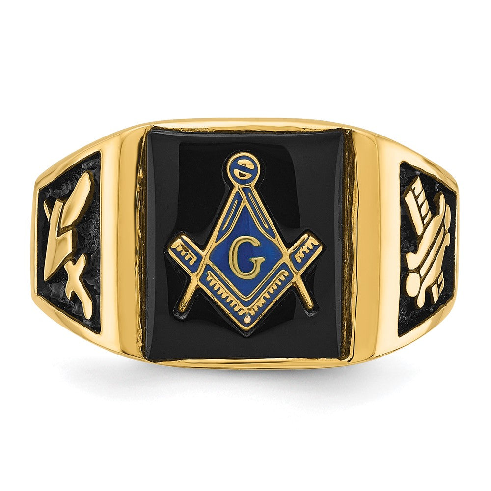 IB Goodman 14k Mens Polished and Textured with Black Enamel and Onyx Masonic Ring