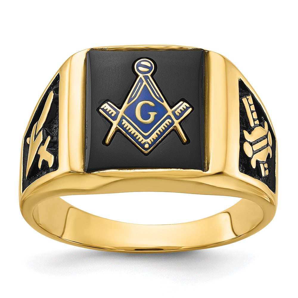 IB Goodman 14k Mens Polished and Textured with Black Enamel and Onyx Masonic Ring
