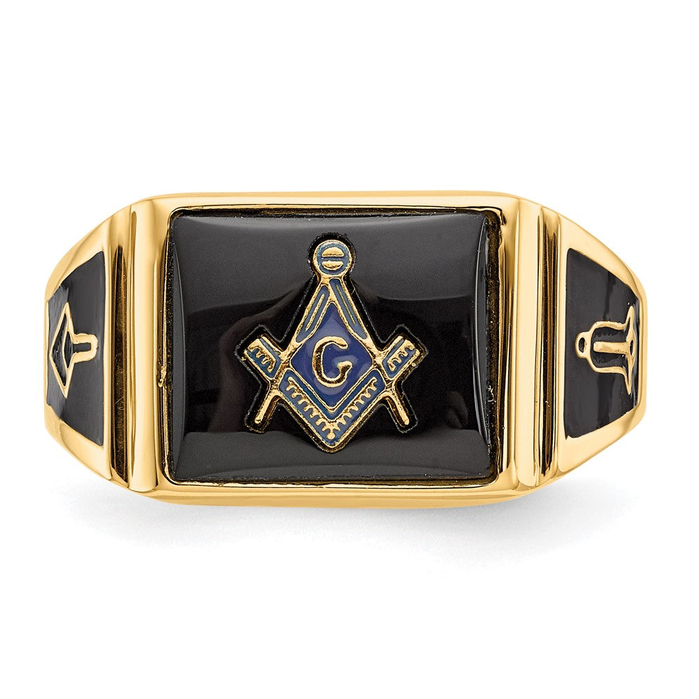 IB Goodman 14k Mens Polished and Textured Black Enamel and Onyx Masonic Ring