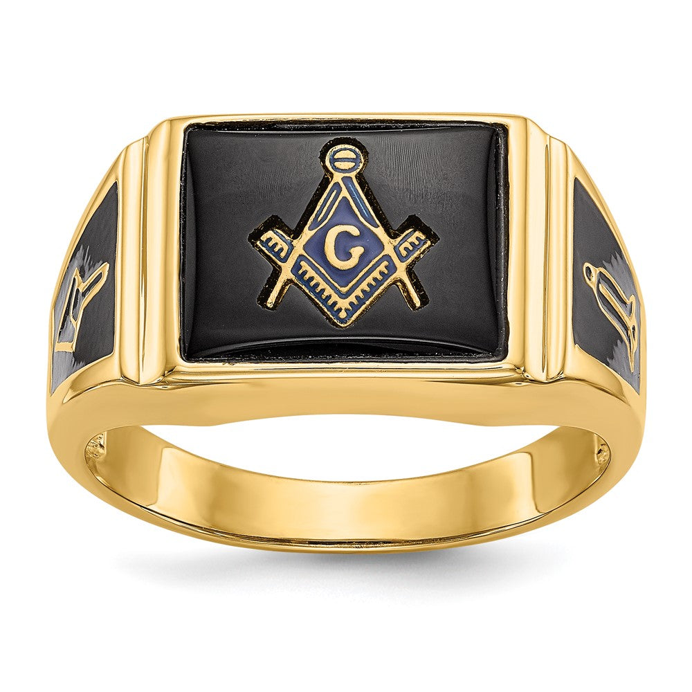IB Goodman 14k Mens Polished and Textured Black Enamel and Onyx Masonic Ring