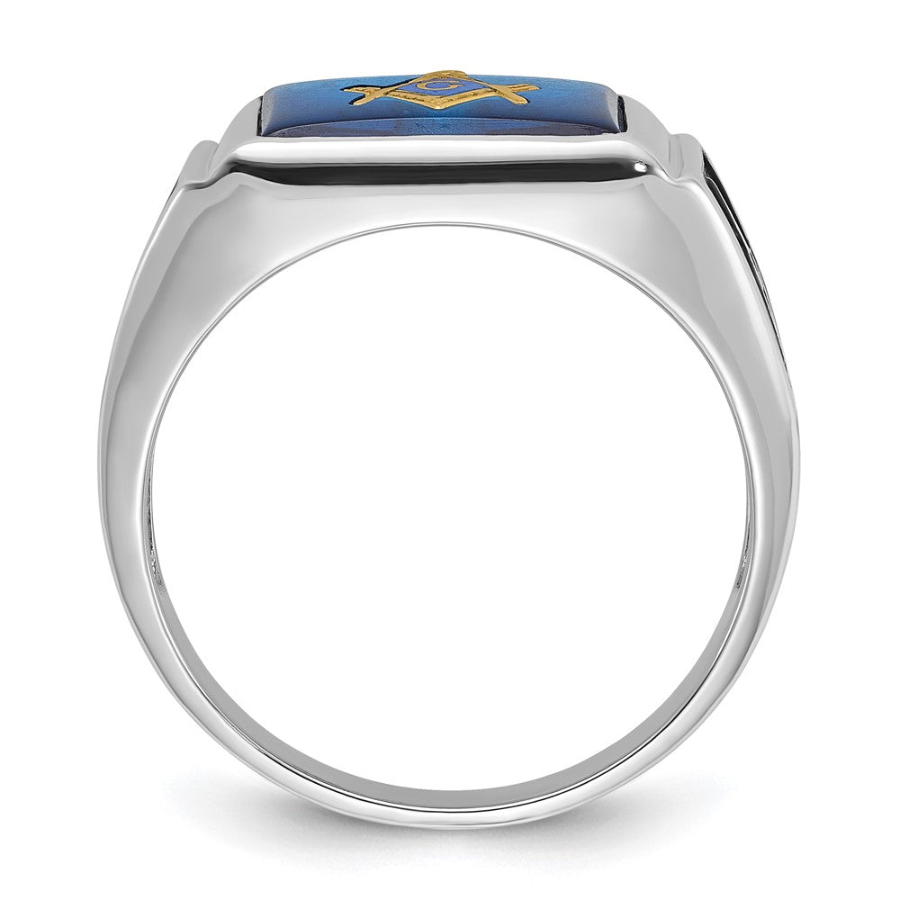 IB Goodman 14k White Gold Mens Polished and Textured Black Enamel Imitation Blue Spinel Masonic Ring