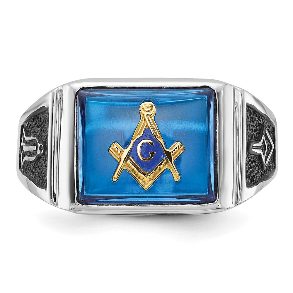 IB Goodman 14k White Gold Mens Polished and Textured Black Enamel Imitation Blue Spinel Masonic Ring