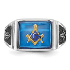 IB Goodman 14k White Gold Mens Polished and Textured Black Enamel Imitation Blue Spinel Masonic Ring
