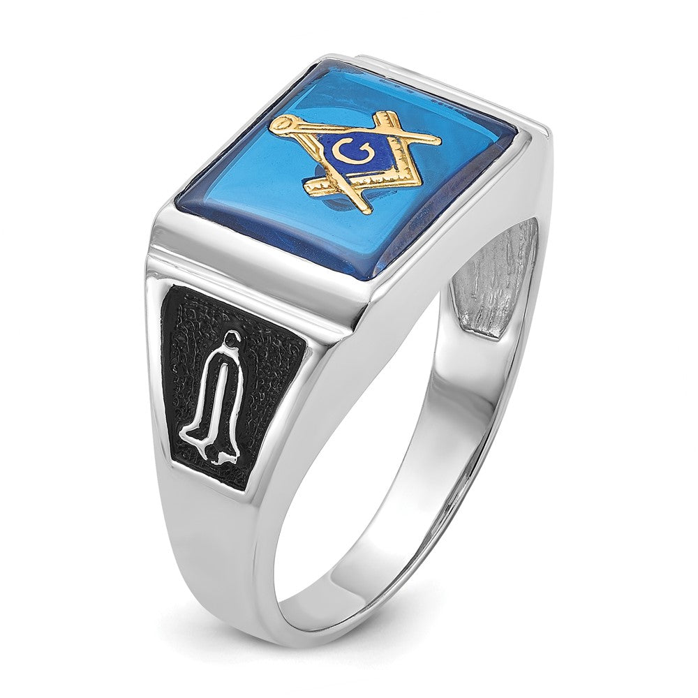 IB Goodman 14k White Gold Mens Polished and Textured Black Enamel Imitation Blue Spinel Masonic Ring