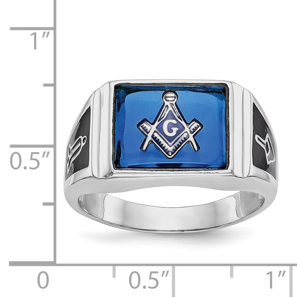 IB Goodman 14k White Gold Mens Polished and Textured Black Enamel Imitation Blue Spinel Masonic Ring