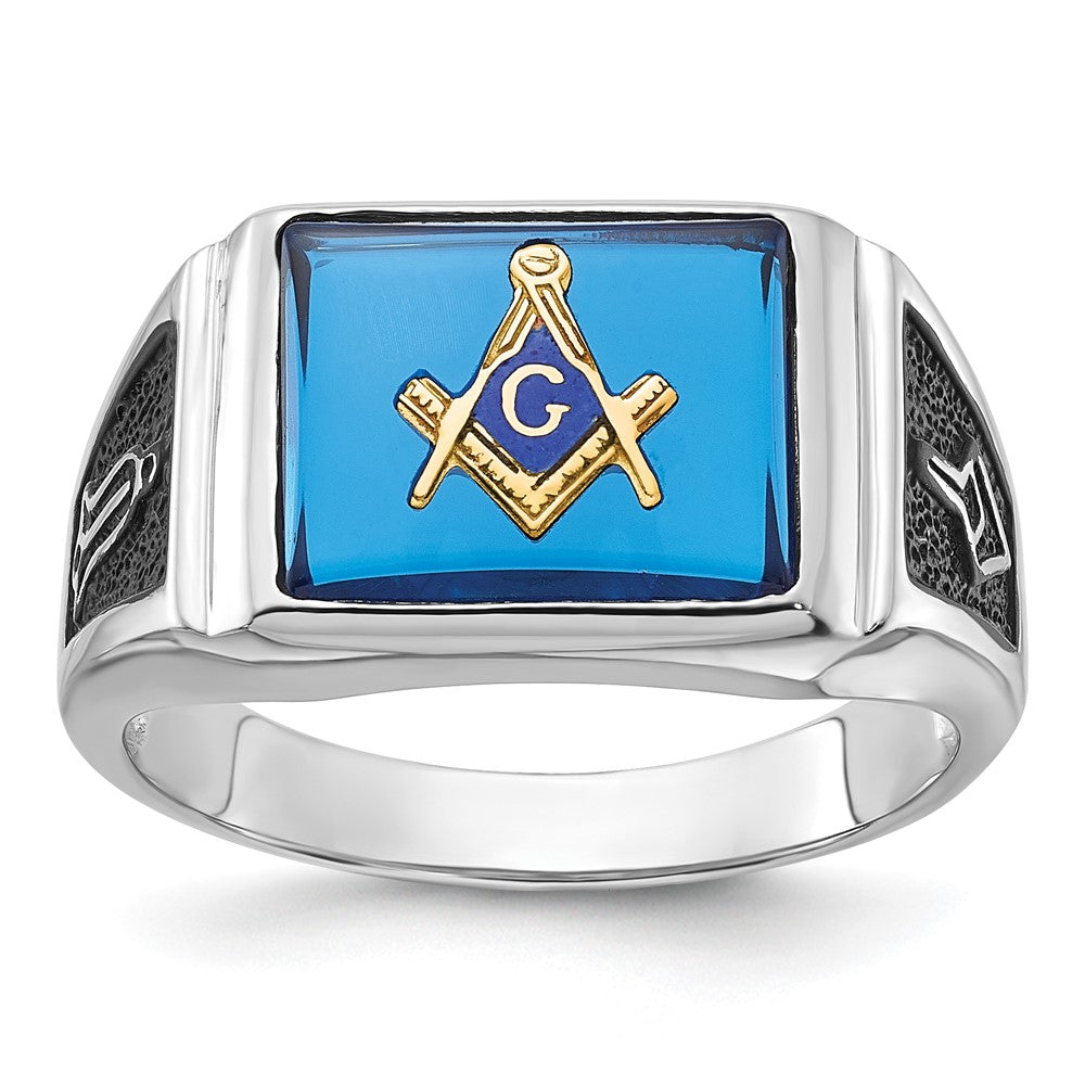 IB Goodman 14k White Gold Mens Polished and Textured Black Enamel Imitation Blue Spinel Masonic Ring