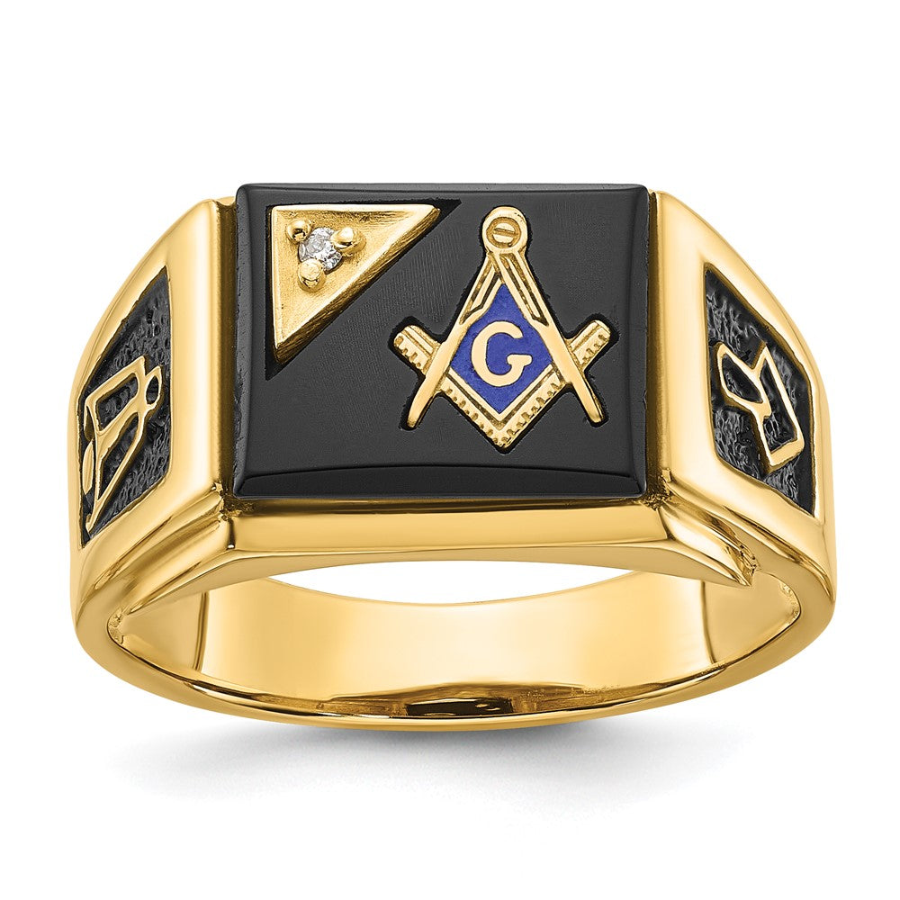IB Goodman 14k Mens Polished and Textured with Black Enamel Onyx and AA Quality Diamond Masonic Ring