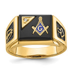 IB Goodman 14k Mens Polished and Textured with Black Enamel Onyx and AA Quality Diamond Masonic Ring