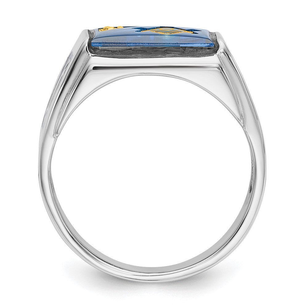 IB Goodman 14k White Gold Mens Polished and Textured with Black Enamel Diamond and Imitation Blue Spinel Masonic Ring