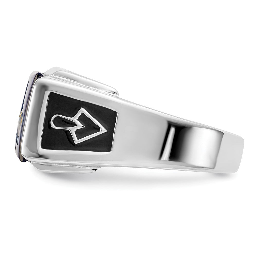 IB Goodman 14k White Gold Mens Polished and Textured with Black Enamel Diamond and Imitation Blue Spinel Masonic Ring