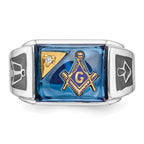 IB Goodman 14k White Gold Mens Polished and Textured with Black Enamel Diamond and Imitation Blue Spinel Masonic Ring