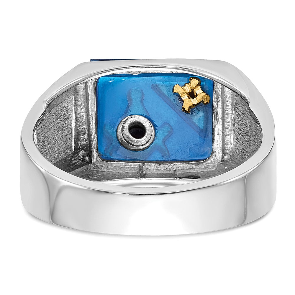 IB Goodman 14k White Gold Mens Polished and Textured with Black Enamel Diamond and Imitation Blue Spinel Masonic Ring