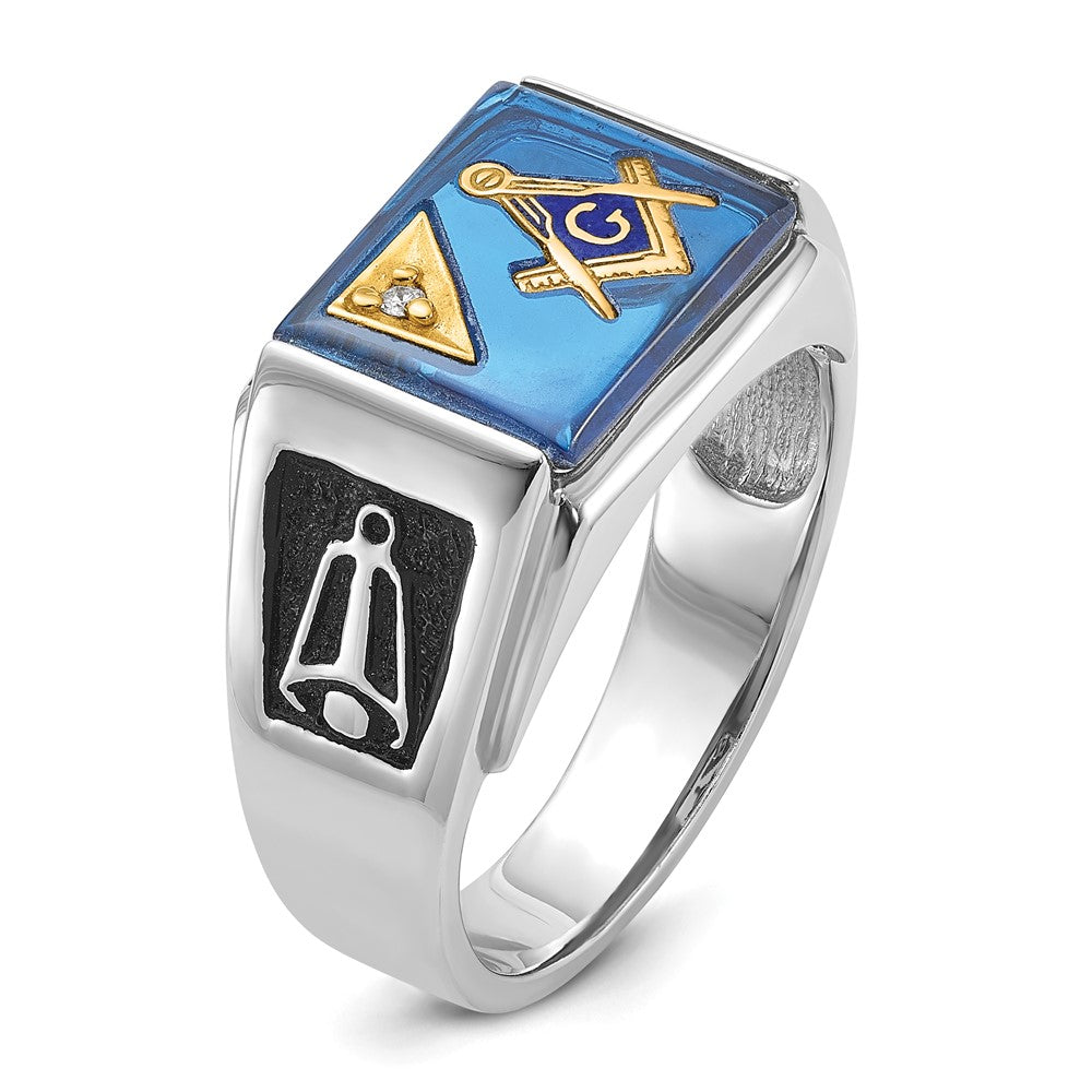 IB Goodman 14k White Gold Mens Polished and Textured with Black Enamel Diamond and Imitation Blue Spinel Masonic Ring