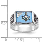 IB Goodman 14k White Gold Mens Polished and Textured with Black Enamel Diamond and Imitation Blue Spinel Masonic Ring