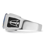 IB Goodman 14k White Gold Mens Polished and Textured with Black Enamel Diamond and Imitation Blue Spinel Masonic Ring