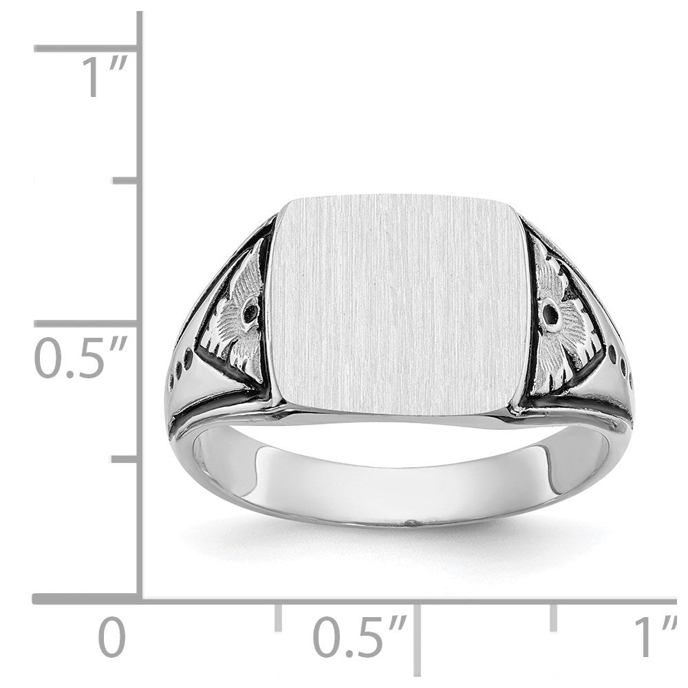 14k White Gold 11.5x11.0mm Rectangle Closed Back Antiqued Mens Signet Ring