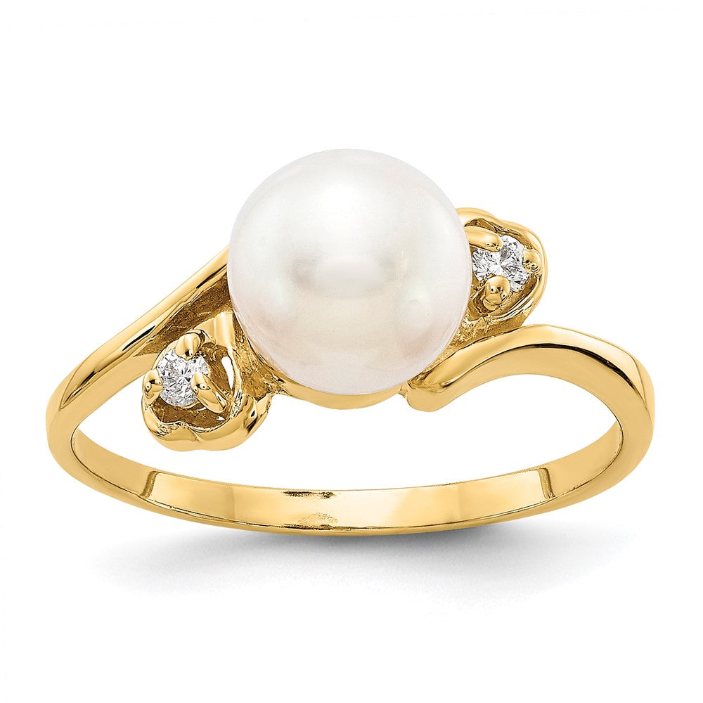 14k 7mm White Freshwater Cultured Pearl and 1/20 carat AA Diamond Ring
