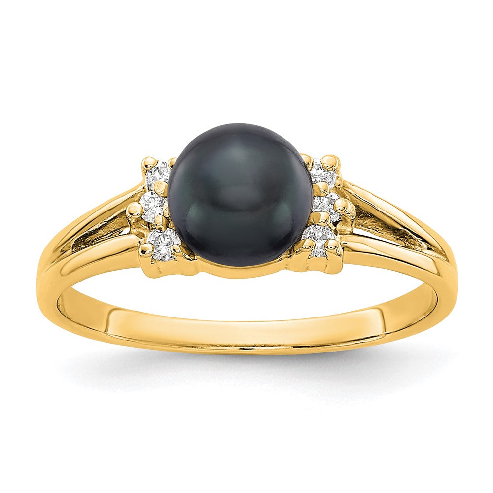 14k 6mm Black Freshwater Cultured Pearl and 1/15 carat VS Diamond Ring
