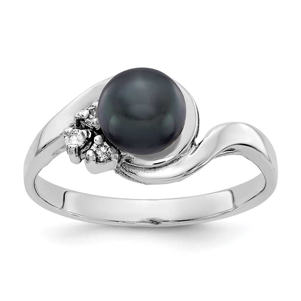 14k White Gold 6mm Black Freshwater Cultured Pearl and 1/20 carat AA Diamond Ring