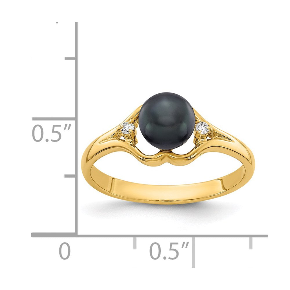 14k 6mm Black Freshwater Cultured Pearl and VS Diamond Ring