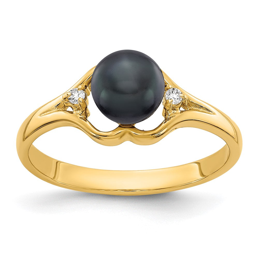 14k 6mm Black Freshwater Cultured Pearl and A Diamond Ring