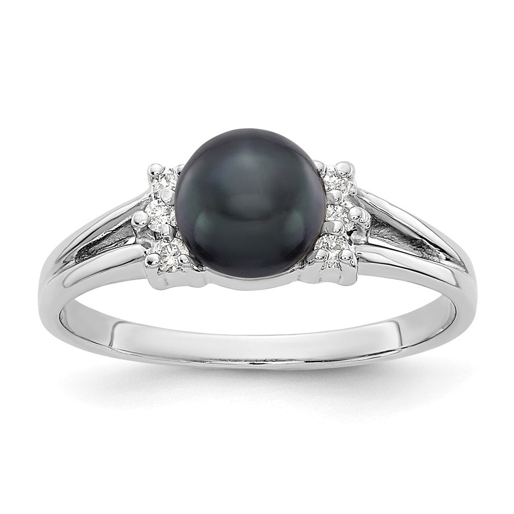 14k White Gold 6mm Black Freshwater Cultured Pearl and 1/15 carat VS Diamond Ring