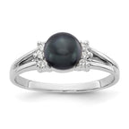 14k White Gold 6mm Black Freshwater Cultured Pearl and 1/15 carat AAA Diamond Ring