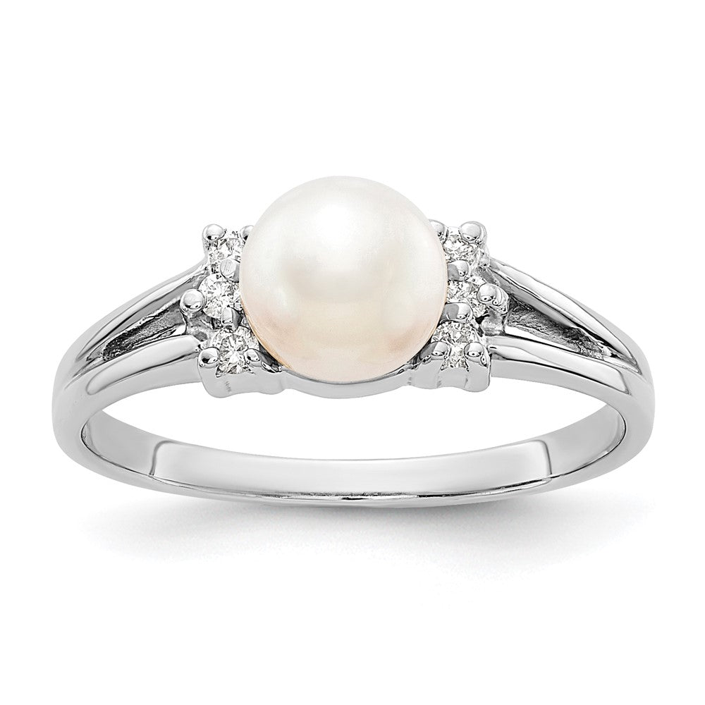 14k White Gold 6mm White Freshwater Cultured Pearl and 1/15 carat AAA Diamond Ring