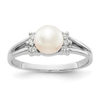 14k White Gold 6mm White Freshwater Cultured Pearl and 1/15 carat AA Diamond Ring