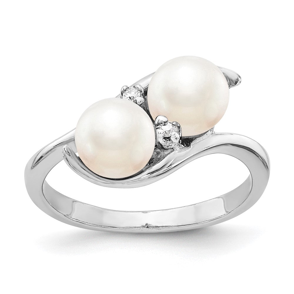 14k White Gold 6mm Black Freshwater Cultured Two-Pearl and A Diamond Ring