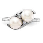 14k White Gold 6mm White Freshwater Cultured Two-Pearl and AAA Diamond Ring