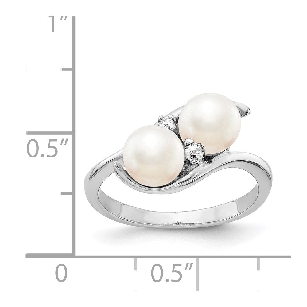 14k White Gold 6mm White Freshwater Cultured Two-Pearl and AAA Diamond Ring