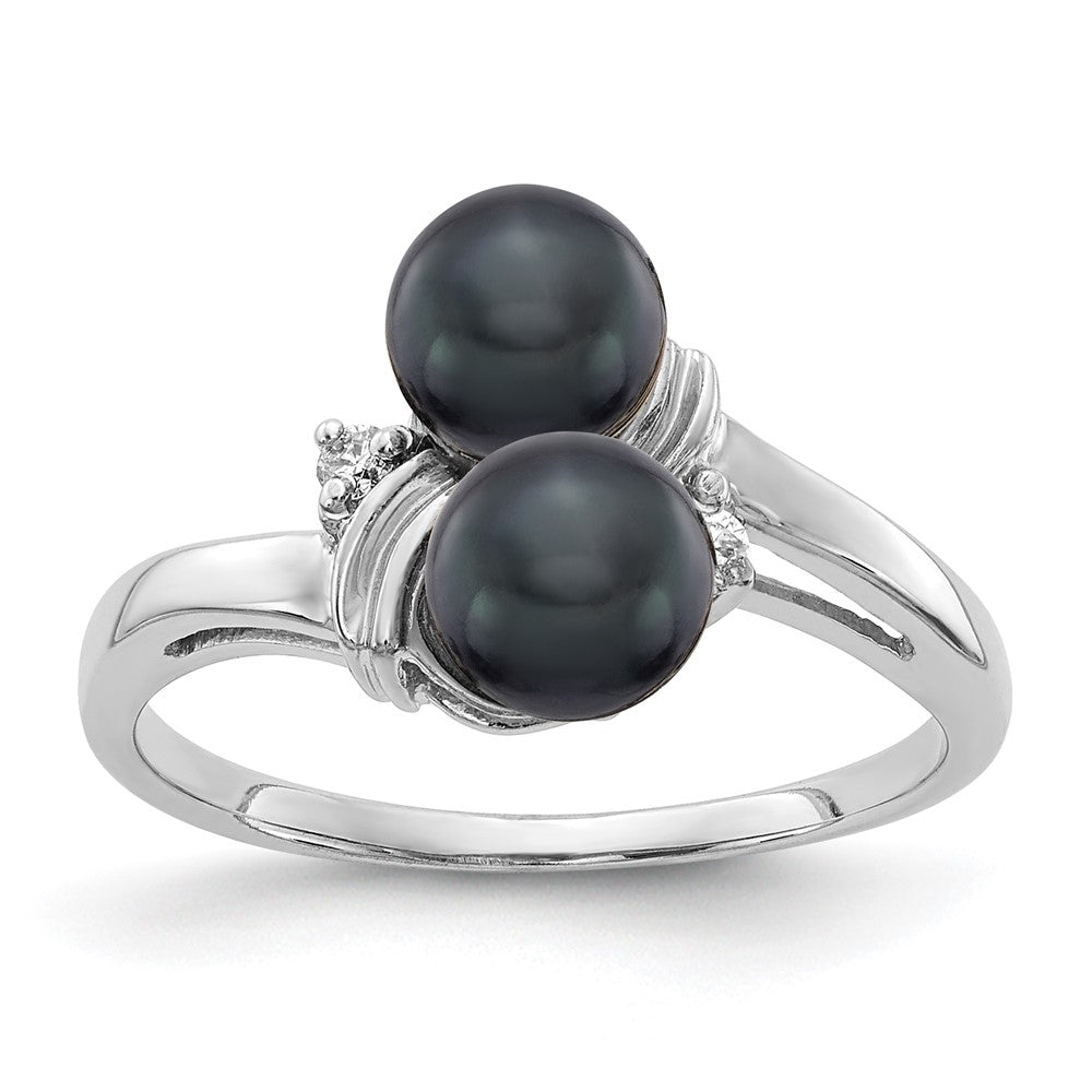 14k White Gold 5.5mm Black Freshwater Cultured Two-Pearl and AA Diamond Ring