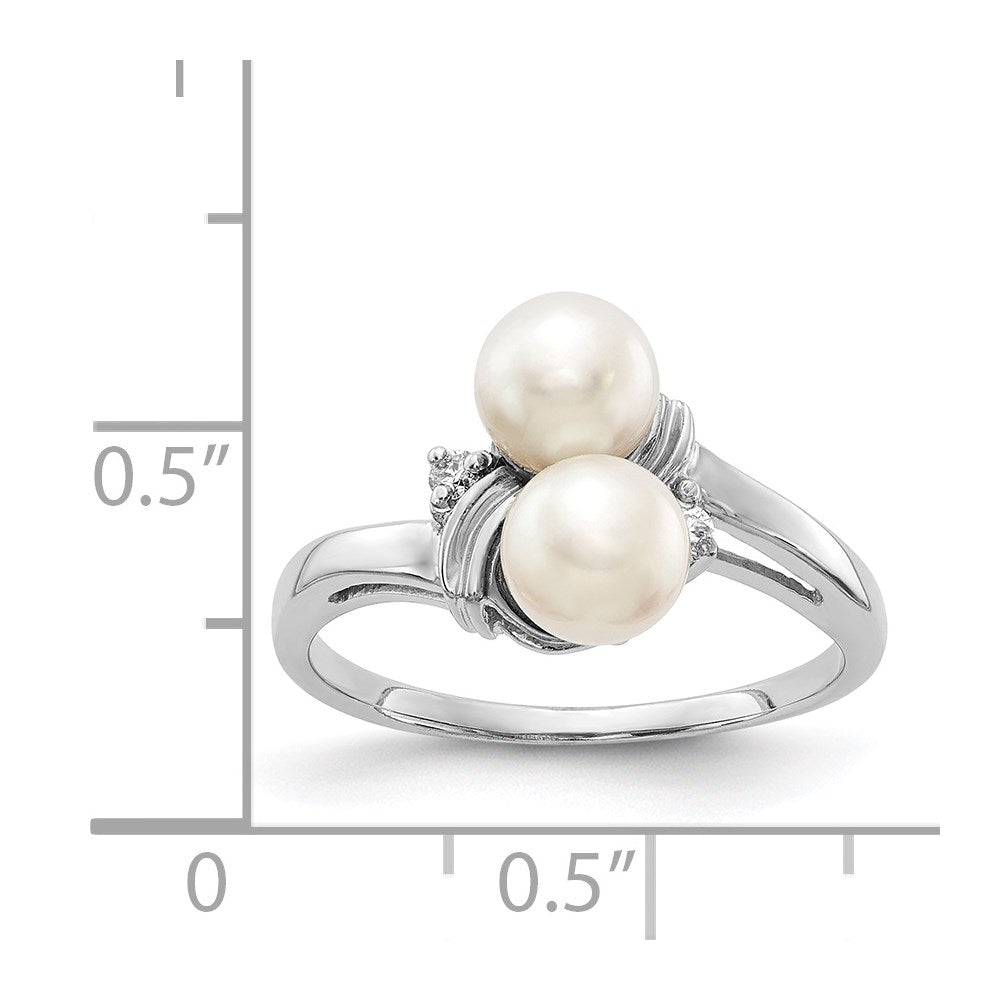 14k White Gold 5.5mm White Freshwater Cultured Two-Pearl and AA Diamond Ring