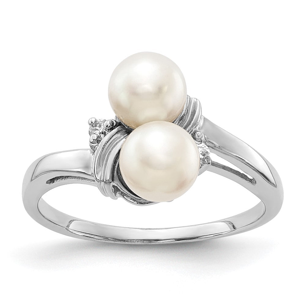 14k White Gold 5.5mm White Freshwater Cultured Two-Pearl and AA Diamond Ring