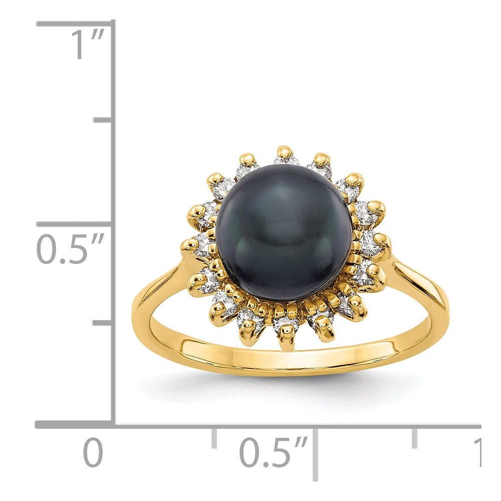 14k 7.5mm Black Freshwater Cultured Pearl and 1/4 carat A Diamond Halo Ring
