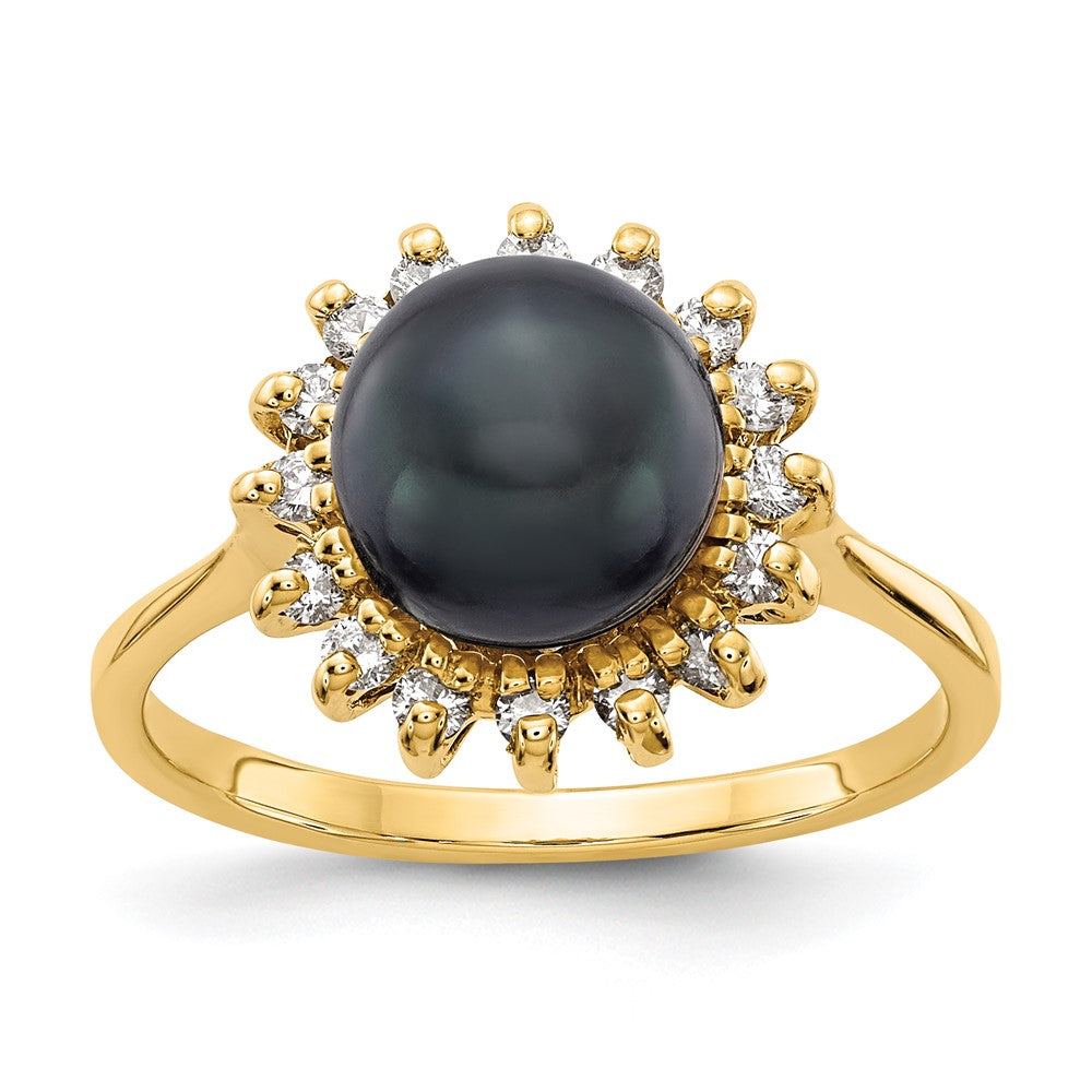 14k 7.5mm Black Freshwater Cultured Pearl and 1/4 carat AA Diamond Halo Ring