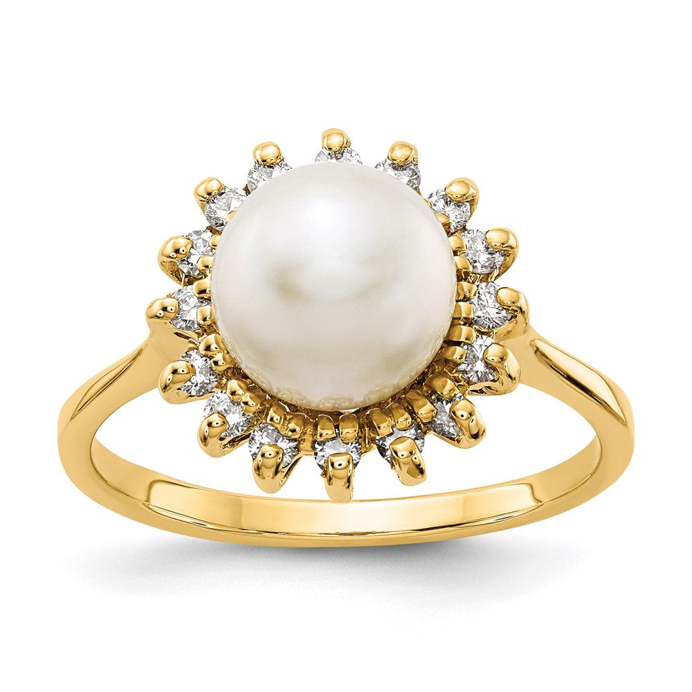 14k 7.5mm White Freshwater Cultured Pearl and 1/4 carat A Diamond Halo Ring